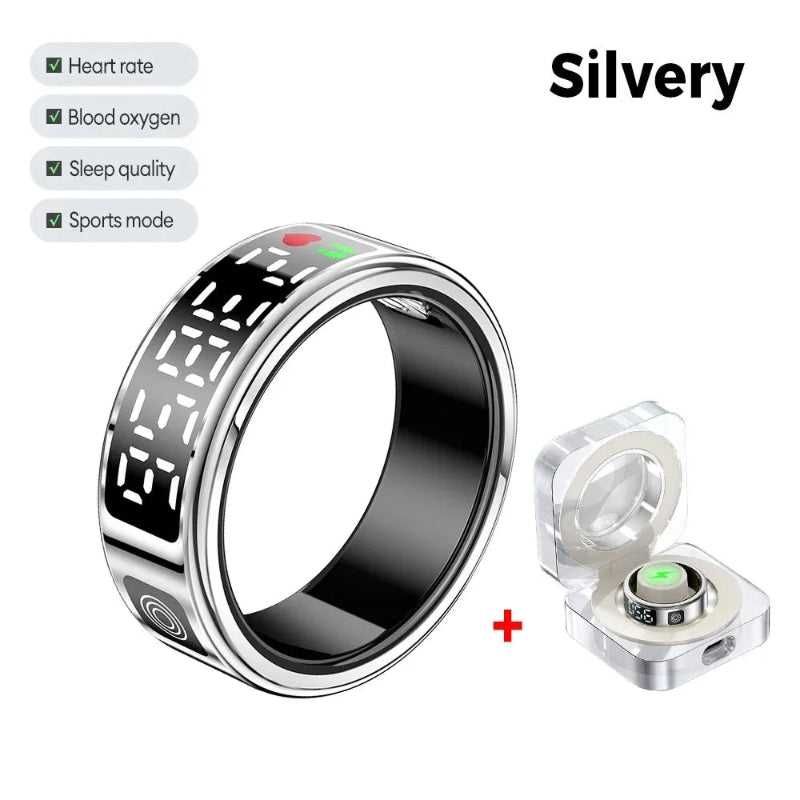 New SR08 Smart Ring LED Display Screen Heart Rate Sleeping Sports Modes Health Monitoring Men Women Stainless Steel Sports Ring